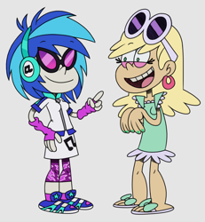 Size: 1812x1960 | Tagged: safe, artist:itoruna-the-platypus, imported from derpibooru, dj pon-3, vinyl scratch, human, equestria girls, clothes, crossover, duo, duo female, ear piercing, earring, female, fingerless gloves, glasses, gloves, headphones, jewelry, leni loud, nickelodeon, open mouth, piercing, sandals, shoes, smiling, sneakers, style emulation, sunglasses, the loud house