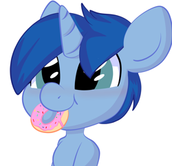 Size: 3006x2912 | Tagged: safe, artist:donutnerd, imported from derpibooru, oc, oc only, oc:party wagon, unicorn, blue mane, blushing, cute, donut, food, high res, male, ocbetes, simple background, smiling, stallion, white background