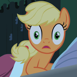 Size: 563x563 | Tagged: safe, imported from derpibooru, screencap, applejack, earth pony, pony, family appreciation day, season 2, bed, blanket, cropped, female, g4, mare, missing accessory, pillow, shocked, shocked expression, solo