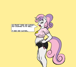 Size: 3600x3200 | Tagged: safe, artist:cosmonaut, artist:pacificside18, imported from derpibooru, sweetie belle, anthro, unguligrade anthro, clothes, cutie mark, dialogue, older, preggy belle, pregnant, shorts, tight clothing, wardrobe malfunction