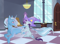 Size: 1024x755 | Tagged: safe, artist:uniquecolorchaos, imported from derpibooru, trixie, oc, oc:blue jasper, pony, unicorn, clothes, colt, female, hat, leonine tail, magic, magical lesbian spawn, male, mare, mother and son, offspring, parent:starlight glimmer, parent:trixie, parents:startrix, prone, trixie's hat