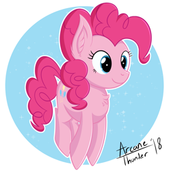 Size: 2750x2750 | Tagged: safe, artist:arcane-thunder, imported from derpibooru, pinkie pie, earth pony, pony, abstract background, chest fluff, digital art, female, high res, jumping, mare, pronking, signature, smiling, solo