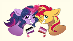 Size: 1189x669 | Tagged: safe, artist:piidorenko, artist:vovanpetuh, imported from derpibooru, sci-twi, sunset shimmer, twilight sparkle, pony, unicorn, series:sciset diary, equestria girls, asexual, asexual pride flag, blushing, equestria girls ponified, female, flag, floppy ears, lesbian, lesbian pride flag, levitation, magic, ponified, pride, pride flag, scitwishimmer, shipping, sunsetsparkle, telekinesis, unicorn sci-twi