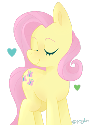 Size: 845x1174 | Tagged: safe, artist:frog-dom, imported from derpibooru, fluttershy, pony, eyes closed, female, head turn, heart, mare, simple background, smiling, solo, standing, transparent background, turned head, wingless