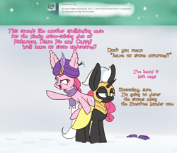 Size: 2200x1900 | Tagged: safe, artist:heir-of-rick, imported from derpibooru, pinkie pie, oc, oc:captain, earth pony, pony, unicorn, miss pie's monsters, ask, clothes, dialogue, duo, ear fluff, female, impossibly large ears, mare, ponies riding ponies, raised hoof, riding, royal guard, scarf, snow, tumblr, turban