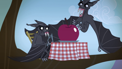 Size: 1280x720 | Tagged: safe, imported from derpibooru, screencap, bat, vampire fruit bat, bats!, season 4, apple, duo, fangs, food, fork, knife, open mouth, spread wings, stop the bats, table, tablecloth, tree, tree branch, wing claws, wings