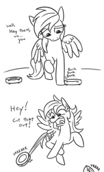 Size: 752x1240 | Tagged: safe, artist:jargon scott, imported from derpibooru, rainbow dash, pegasus, pony, about to have tail sucked into a roomba, biting, black and white, bonk, comic, confused, dialogue, female, flying, frown, grayscale, mare, monochrome, open mouth, raised eyebrow, raised hoof, raised leg, roomba, roombadash, roombashy, screaming, simple background, slice of life, solo, spread wings, surprised, tail, tail bite, tail pull, tongue out, vrrr, white background, wide eyes, wings