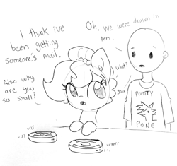 Size: 1535x1440 | Tagged: safe, artist:tjpones, imported from derpibooru, oc, oc only, oc:brownie bun, oc:richard, earth pony, human, pony, horse wife, breaking the fourth wall, dialogue, female, grayscale, human male, lineart, male, mare, meta, monochrome, roomba, simple background, traditional art, vrrr, white background