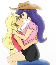 Size: 758x880 | Tagged: safe, artist:eulicious, imported from derpibooru, applejack, rarity, human, accessory swap, blushing, embrace, female, humanized, lesbian, looking at each other, rarijack, shipping, simple background, sitting on lap, white background