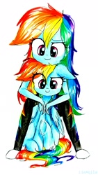 Size: 1999x3555 | Tagged: safe, artist:liaaqila, imported from derpibooru, rainbow dash, pony, equestria girls, clothes, cute, dashabetes, female, mare, self ponidox, simple background, smiling, traditional art