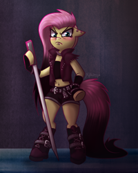 Size: 800x1000 | Tagged: safe, artist:leffenkitty, imported from derpibooru, fluttershy, semi-anthro, alternate hairstyle, belly button, belt, bipedal, boots, clothes, ear piercing, female, floppy ears, jacket, looking at you, mare, midriff, piercing, punk, serious, serious face, shoes, shorts, solo, sword, torn sleeves, vest, weapon