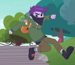 Size: 651x571 | Tagged: safe, imported from derpibooru, screencap, jewelry thief (character), jewelry thief (g4), equestria girls, equestria girls series, super squad goals, background human, bandana, canterlot city, cropped, male, shoes, sneakers, thief