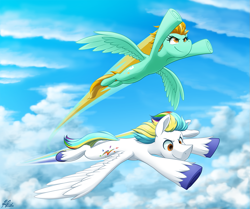 Size: 1075x900 | Tagged: safe, artist:bcpony, imported from derpibooru, lightning dust, oc, oc:lightning spectrum, pegasus, pony, cloud, duo, female, flying, male, mare, sky, smiling, speed trail, stallion