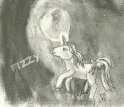 Size: 700x607 | Tagged: safe, artist:caldwin, imported from derpibooru, fizzy, pony, bubble, female, g1, magic, monochrome, solo, traditional art