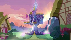 Size: 1280x720 | Tagged: safe, imported from derpibooru, screencap, every little thing she does, castle, dawn, no pony, scenery, sunrise, twilight's castle