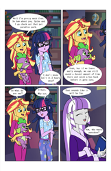 Size: 2650x4096 | Tagged: safe, artist:verumteednp, deleted from derpibooru, imported from derpibooru, sci-twi, spike, spike the regular dog, sunset shimmer, twilight sparkle, twilight velvet, dog, comic:sparkling shimmer, equestria girls, bathrobe, book, chapter 2, clothes, comic, dialogue, equestria girls-ified, pajamas, robe, speech bubble