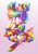 Size: 600x856 | Tagged: safe, artist:cabbage-arts, imported from derpibooru, oc, oc only, oc:dear diary, earth pony, pony, bow, clothes, commission, commissioner:illuminatedreverie, female, looking at you, mare, pink coat, purple eyes, rainbow hair, rainbow socks, smiling, socks, solo, striped socks