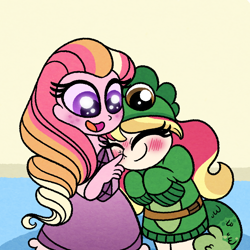 Size: 1000x1000 | Tagged: safe, artist:carouselunique, imported from derpibooru, oc, oc only, oc:honeycrisp blossom, oc:ma belle danseuse, equestria girls, blushing, boop, clothes, costume, duo, freckles, offspring, parent:big macintosh, parent:moondancer, parent:prince blueblood, parent:princess cadance, parents:cadmac, parents:moonblood, tangled (disney)