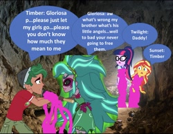 Size: 1496x1159 | Tagged: safe, artist:php77, deleted from derpibooru, editor:php77, imported from derpibooru, gaea everfree, sci-twi, sunset shimmer, timber spruce, twilight sparkle, equestria girls, legend of everfree, alternate universe, cave, comic, food, gum, vine