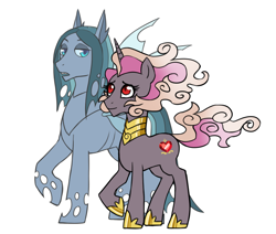 Size: 1182x1000 | Tagged: safe, artist:pikokko, imported from derpibooru, oc, oc only, oc:chitin/morgenstern, oc:l'amour, changepony, hybrid, unicorn, duo, female, flowing mane, interspecies offspring, male, mare, offspring, parent:king sombra, parent:princess cadance, parent:queen chrysalis, parent:shining armor, parents:shining chrysalis, parents:somdance, princess shoes, simple background, white background