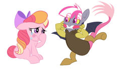 Size: 1280x720 | Tagged: safe, artist:turkleson, imported from derpibooru, oc, oc:honeycrisp blossom, oc:pandora, draconequus, earth pony, hybrid, pony, honeycrisp tales, pandoraverse, bow, cheering up, crying, cute, draconequus oc, female, filly, hair bow, interspecies offspring, laughing, next generation, offspring, parent:big macintosh, parent:discord, parent:princess cadance, parent:twilight sparkle, parents:cadmac, parents:discolight, simple background, tears of laughter, white background