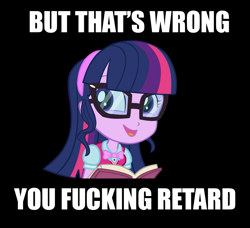 Size: 969x884 | Tagged: safe, artist:invisibleink, edit, imported from derpibooru, sci-twi, twilight sparkle, equestria girls, book, cute, meme, open mouth, reaction image, talking, twiabetes, vulgar, younger
