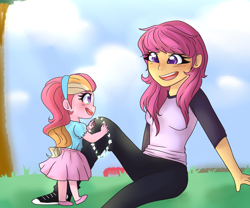 Size: 1280x1067 | Tagged: safe, artist:h0mi3, imported from derpibooru, scootaloo, oc, oc:honeycrisp blossom, equestria girls, converse, floral head wreath, flower, hairband, offspring, older, older scootaloo, parent:big macintosh, parent:princess cadance, parents:cadmac, shoes