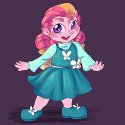 Size: 1280x1280 | Tagged: artist needed, safe, artist:honeycrisp-tales, imported from derpibooru, oc, oc only, oc:honeycrisp blossom, equestria girls, freckles, looking at you, offspring, parent:big macintosh, parent:princess cadance, parents:cadmac, simple background, solo