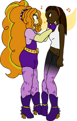 Size: 658x1030 | Tagged: safe, artist:shennanigma, imported from derpibooru, adagio dazzle, oc, oc:april, equestria girls, commission, duo, duo female, female, hand on face, hands on face, human oc, hypnosis, simple background, singing, transformation, transparent background, twinning