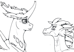 Size: 1280x905 | Tagged: safe, artist:nightmare-moons-throneroom, imported from derpibooru, spike, thorax, changedling, changeling, dragon, black and white, blushing, ear fluff, floppy ears, gay, grayscale, king thorax, lineart, looking at each other, male, monochrome, shipping, simple background, smiling, sweat, sweatdrop, thoraxspike, white background