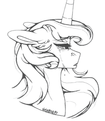 Size: 1113x1280 | Tagged: safe, artist:nightmare-moons-throneroom, imported from derpibooru, princess celestia, pony, black and white, bust, crying, ear fluff, female, floppy ears, grayscale, lineart, mare, monochrome, simple background, solo, white background