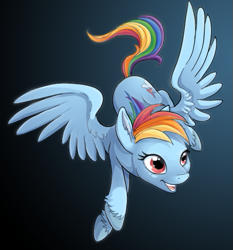 Size: 489x525 | Tagged: safe, artist:a-lunar-eclipse, imported from derpibooru, rainbow dash, pegasus, pony, female, flying, gradient background, mare, smiling, solo