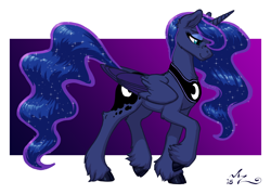 Size: 2100x1500 | Tagged: safe, artist:amarynceus, imported from derpibooru, part of a set, princess luna, alicorn, pony, cel shading, cloven hooves, colored hooves, colored wings, ethereal mane, female, freckles, mare, raised hoof, realistic horse legs, solo, starry mane, unshorn fetlocks