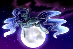 Size: 3000x2000 | Tagged: safe, artist:marbola, imported from derpibooru, princess luna, alicorn, pony, ethereal mane, female, galaxy mane, mare, moon, prone, solo, stars, tangible heavenly object