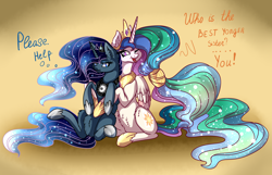 Size: 2790x1792 | Tagged: safe, artist:marbola, imported from derpibooru, princess celestia, princess luna, alicorn, pony, cute, dialogue, duo, ethereal mane, female, hug, luna is not amused, mare, misspelling, royal sisters, starry mane, unamused