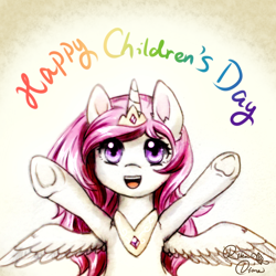 Size: 1238x1238 | Tagged: safe, artist:rikadiane, imported from derpibooru, princess celestia, pony, cewestia, children's day, female, filly, pink-mane celestia, rainbow text, solo, underhoof, younger