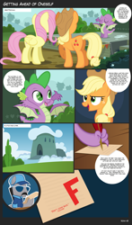 Size: 2350x4000 | Tagged: safe, artist:noah-x3, imported from derpibooru, applejack, fluttershy, spike, pony, molt down, comic, paper, show accurate, winged spike, wings