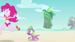 Size: 1920x1080 | Tagged: safe, edit, edited screencap, editor:slayerbvc, imported from derpibooru, screencap, fluttershy, pinkie pie, spike, spike the regular dog, dog, equestria girls, equestria girls series, forgotten friendship, accessory-less edit, beach, clothes, female, geode of sugar bombs, male, missing accessory, one-piece swimsuit, pinkie pie swimsuit, rock horse, running, swimsuit