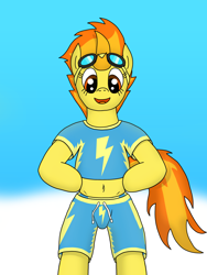 Size: 3024x4032 | Tagged: safe, artist:tacomytaco, imported from derpibooru, spitfire, pegasus, pony, belly button, bipedal, clothes, cloud, female, goggles, midriff, panties, shirt, shorts, solo, underwear