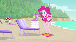 Size: 1920x1080 | Tagged: safe, edit, edited screencap, editor:slayerbvc, imported from derpibooru, screencap, pinkie pie, spike, spike the regular dog, dog, equestria girls, equestria girls series, forgotten friendship, accessory-less edit, beach, beach chair, chair, chin scratch, clothes, female, geode of sugar bombs, male, one-piece swimsuit, petting, pinkie pie swimsuit, spike's dog collar, swimsuit, towel