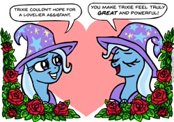 Size: 598x418 | Tagged: safe, artist:gingerfoxy, imported from derpibooru, trixie, pony, unicorn, pony couple generator, female, flower, heart, lesbian, mare, narcissism, rose, self ponidox, selfcest, shipping, trixtrix