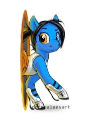 Size: 1414x1980 | Tagged: safe, artist:corevaluesart, imported from derpibooru, earth pony, pony, derpibooru, chell, heterochromia, juxtaposition, juxtaposition win, long fall horseshoe, meme, meta, ponified, portal, portal (valve), simple background, solo, transparent background