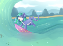 Size: 4879x3588 | Tagged: safe, artist:alexa1alexa, imported from derpibooru, oc, oc only, oc:star gazer, monster pony, original species, shark, shark pony, beach, female, mare, monster mare, pale belly, solo, surfing, water