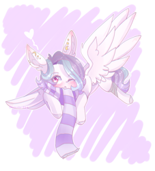 Size: 1280x1411 | Tagged: safe, artist:emily-826, imported from derpibooru, oc, oc only, oc:shylu, pegasus, pony, clothes, female, mare, one eye closed, scarf, solo, wink