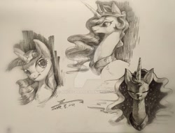 Size: 1024x784 | Tagged: safe, artist:angusdra, imported from derpibooru, princess celestia, princess luna, twilight sparkle, alicorn, eyes closed, female, grayscale, jewelry, looking at you, mare, monochrome, pencil drawing, regalia, simple background, traditional art, trio, watermark, white background