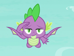 Size: 1238x937 | Tagged: safe, imported from derpibooru, screencap, spike, dragon, molt down, cropped, cute, cute little fangs, fangs, flying, male, salute, smiling, smug, winged spike, wings