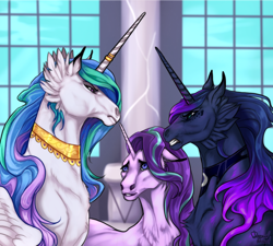 Size: 1000x901 | Tagged: safe, artist:deyanel-art, imported from derpibooru, princess celestia, princess luna, starlight glimmer, unicorn, a royal problem, angry, concerned, hoers, looking at each other, scene interpretation