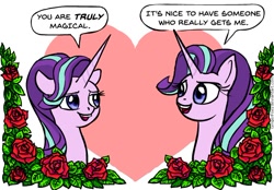 Size: 596x415 | Tagged: safe, artist:gingerfoxy, imported from derpibooru, starlight glimmer, pony, unicorn, pony couple generator, female, flower, glimglim, heart, lesbian, mare, rose, self ponidox, selfcest, shipping, similo duplexis