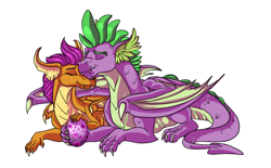 Size: 2754x1710 | Tagged: dead source, safe, artist:marbola, imported from derpibooru, smolder, spike, dragon, molt down, dragon egg, dragoness, egg, eyes closed, female, high res, male, nuzzles, nuzzling, older, older smolder, older spike, parent:smolder, parent:spike, parents:spolder, shipping, simple background, spolder, straight, white background, winged spike, wings