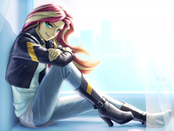 Size: 2200x1650 | Tagged: safe, artist:murskme, imported from derpibooru, sunset shimmer, equestria girls, beautiful, boots, clothes, featured image, female, grin, high heel boots, jacket, leather jacket, looking at you, pants, sexy, shoes, sitting, smiling, smirk, solo, window